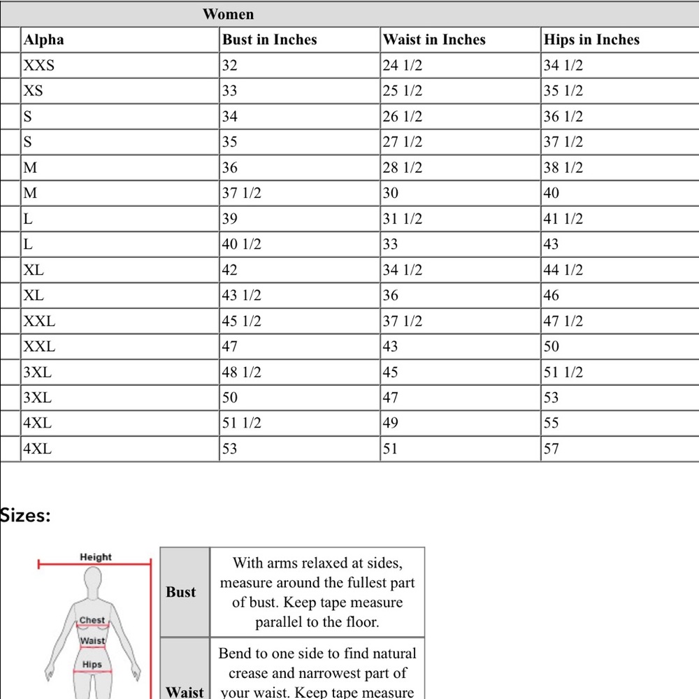 Disney Sizing Chart
